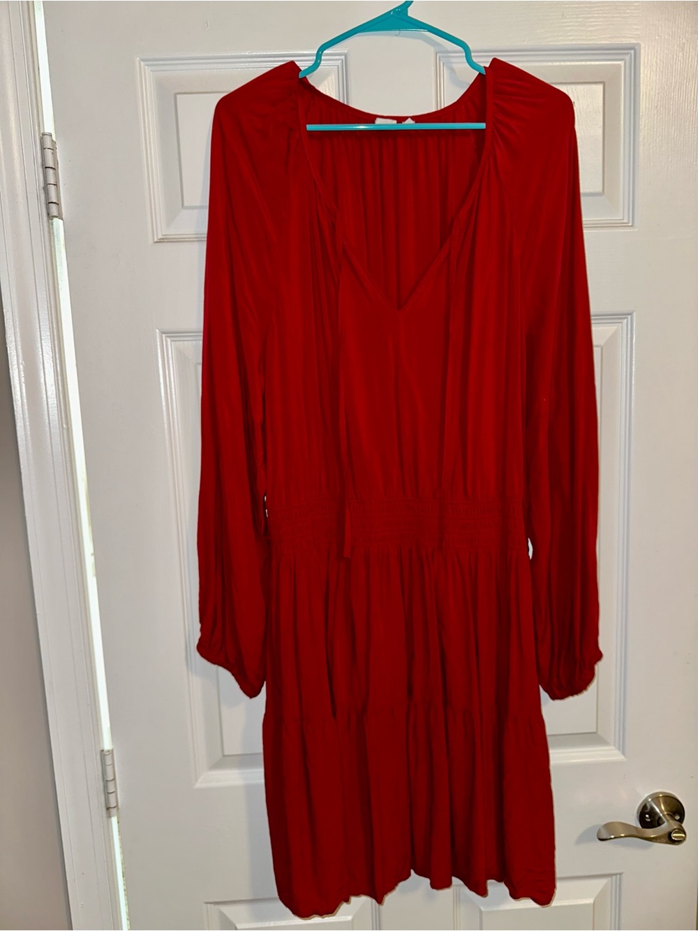 GAP Red Long-Sleeve V-Neck Smocked Waist Dress